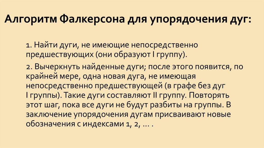 Алгоритм Фалкерсона для упорядочения дуг:
