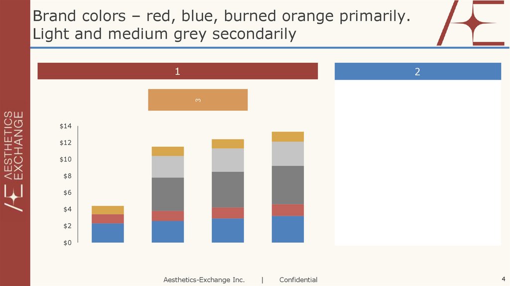 Brand colors – red, blue, burned orange primarily. Light and medium grey secondarily