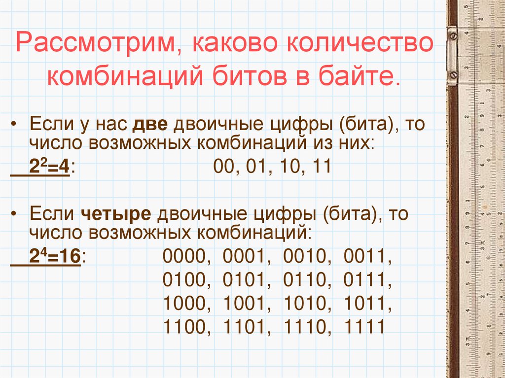 Рассмотрим, каково количество комбинаций битов в байте.