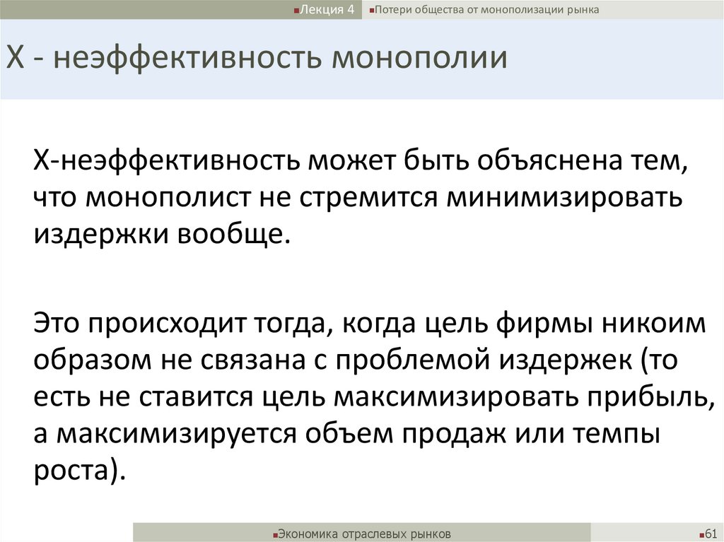 X - неэффективность монополии