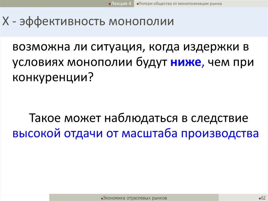 X - эффективность монополии