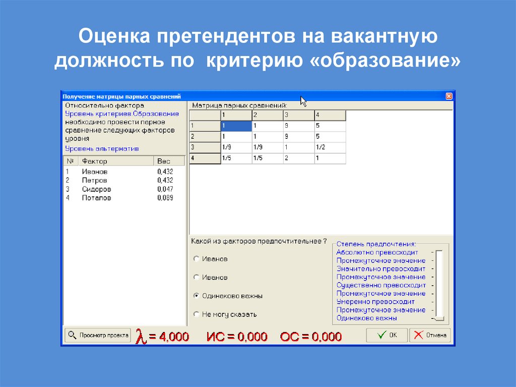 Оценка претендентов на вакантную должность по критерию «образование»