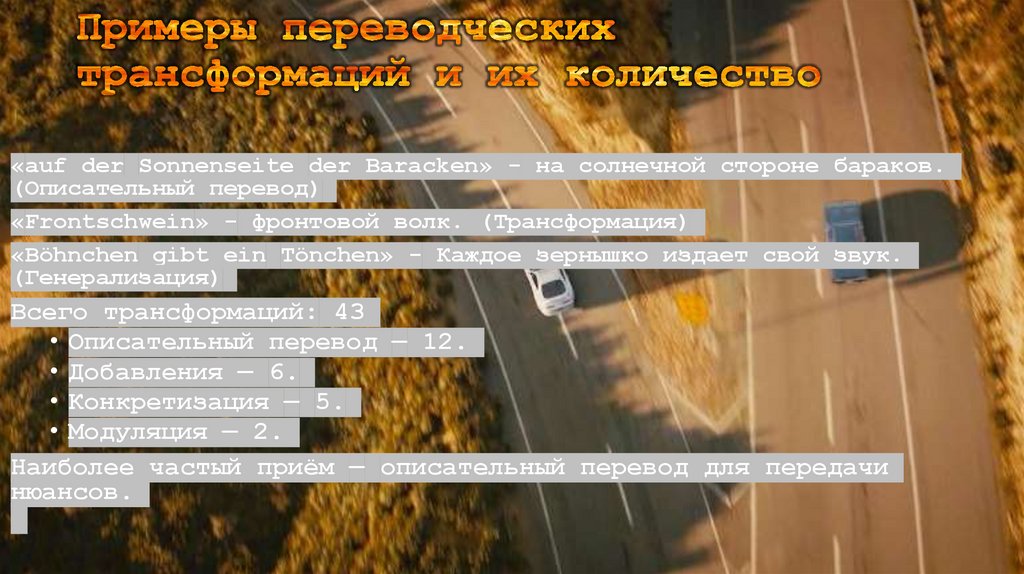 Примеры переводческих трансформаций и их количество