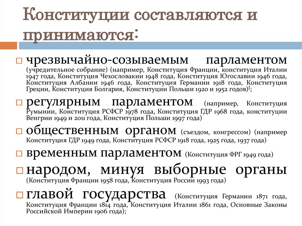 Конституции составляются и принимаются: