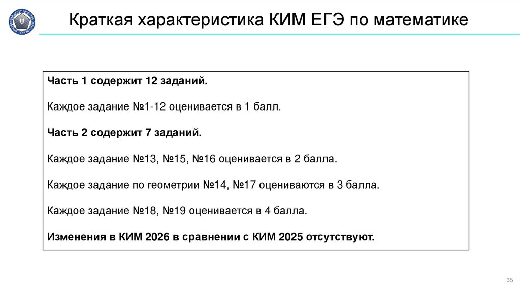Краткая характеристика КИМ ЕГЭ по математике