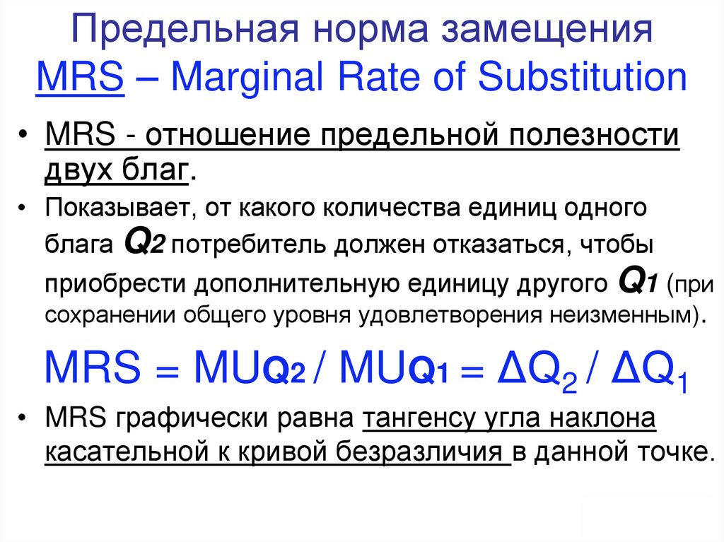 Предельная норма замещения MRS – Marginal Rate of Substitution