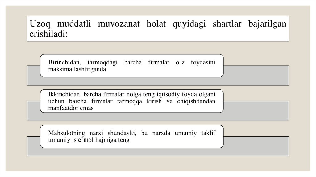 Uzoq muddatli muvozanat holat quyidagi shartlar bajarilgan erishiladi:
