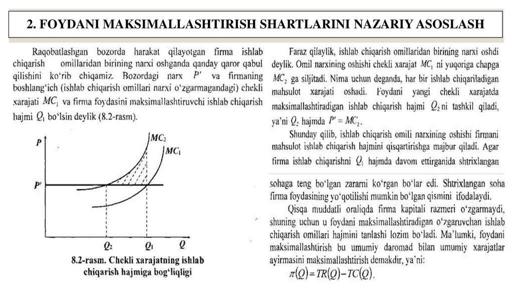 2. FOYDANI MAKSIMALLASHTIRISH SHARTLARINI NAZARIY ASOSLASH