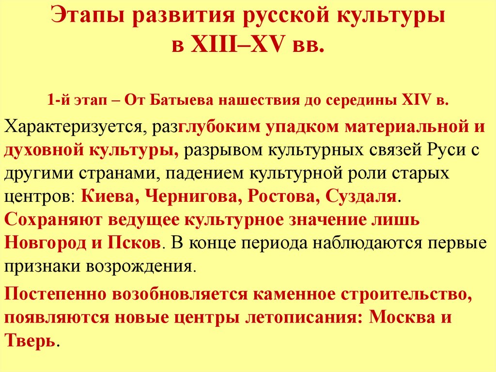 Этапы развития русской культуры в XIII–XV вв.