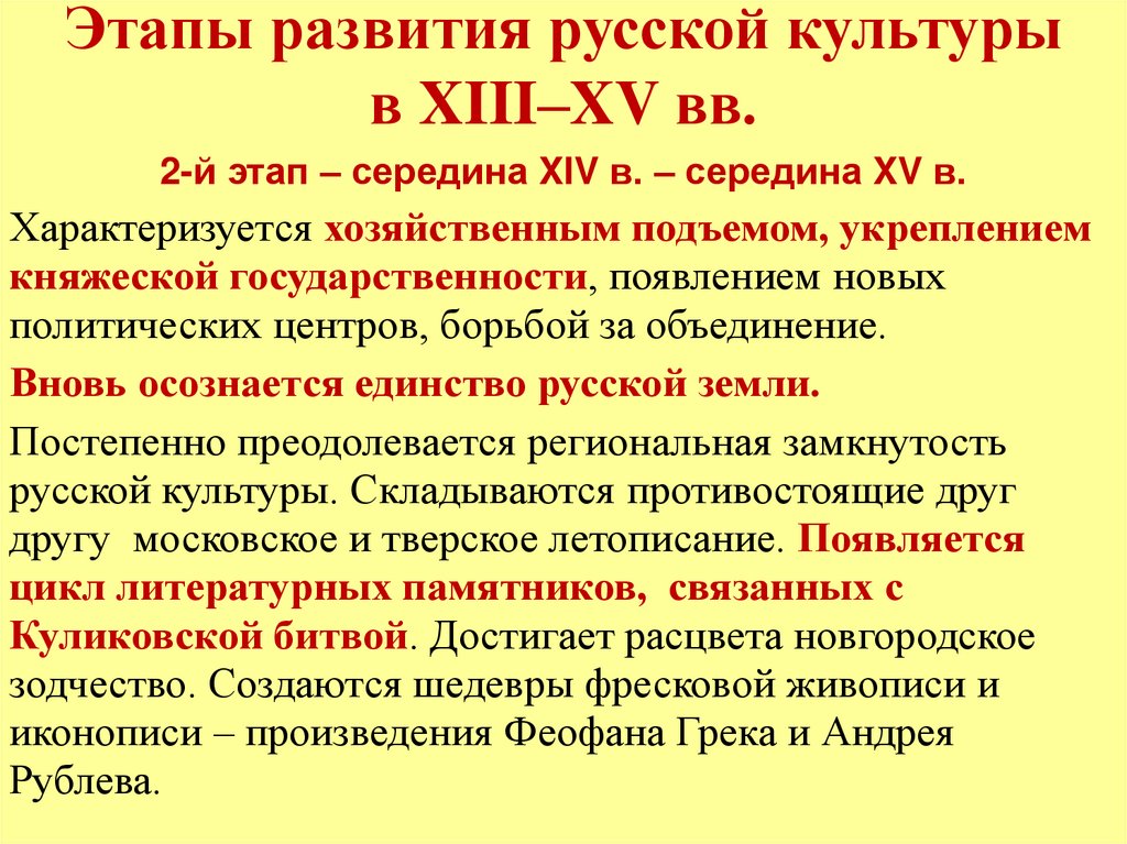 Этапы развития русской культуры в XIII–XV вв.