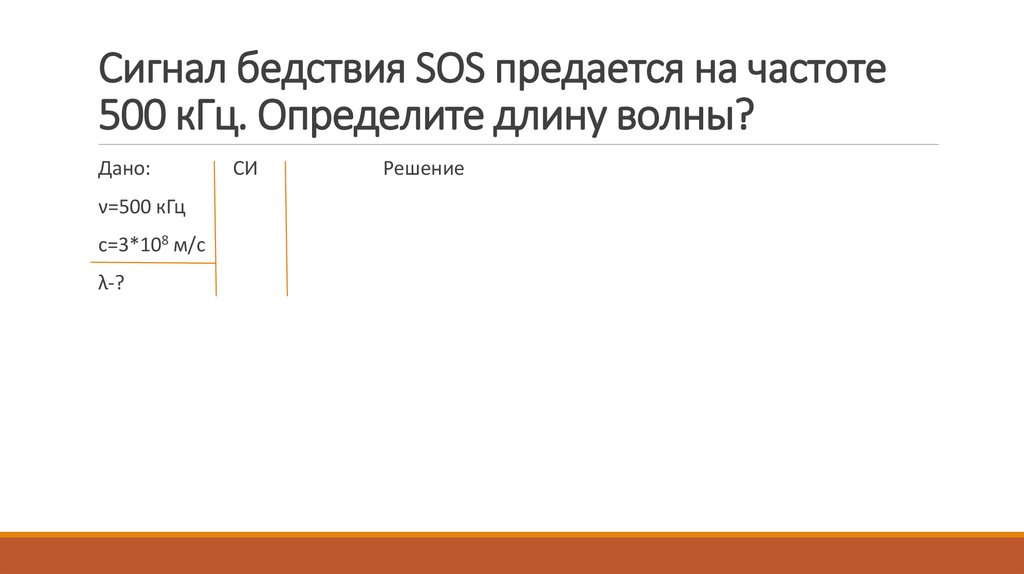 Сигнал бедствия SOS предается на частоте 500 кГц. Определите длину волны?