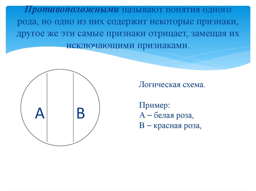 Противоположными называют понятия одного рода, но одно из них содержит некоторые признаки, другое же эти самые признаки