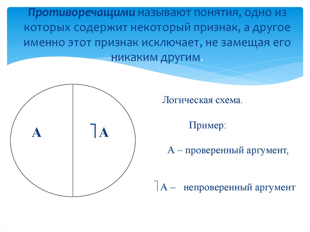 Противоречащими называют понятия, одно из которых содержит некоторый признак, а другое именно этот признак исключает, не