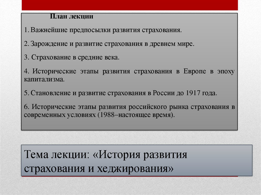 Тема лекции: «История развития страхования и хеджирования»