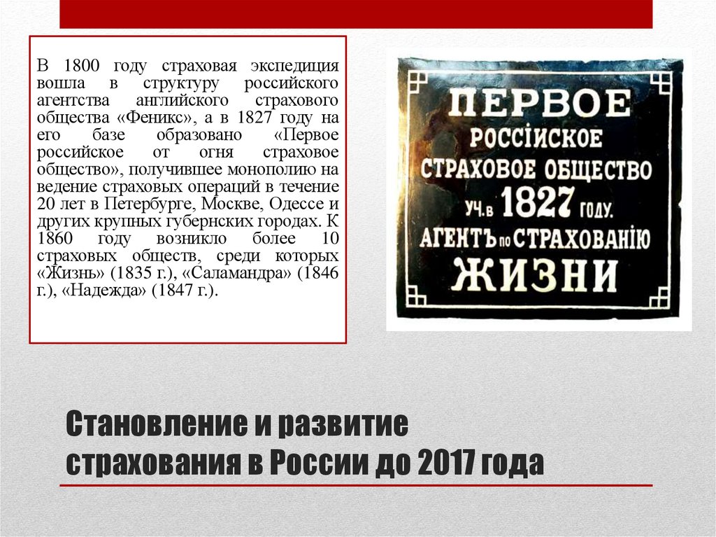 Становление и развитие страхования в России до 2017 года