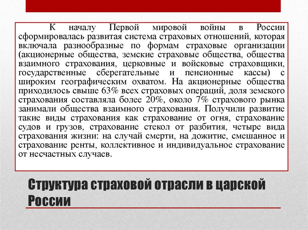 Структура страховой отрасли в царской России