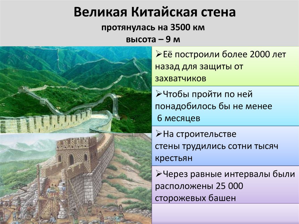 Великая Китайская стена протянулась на 3500 км высота – 9 м
