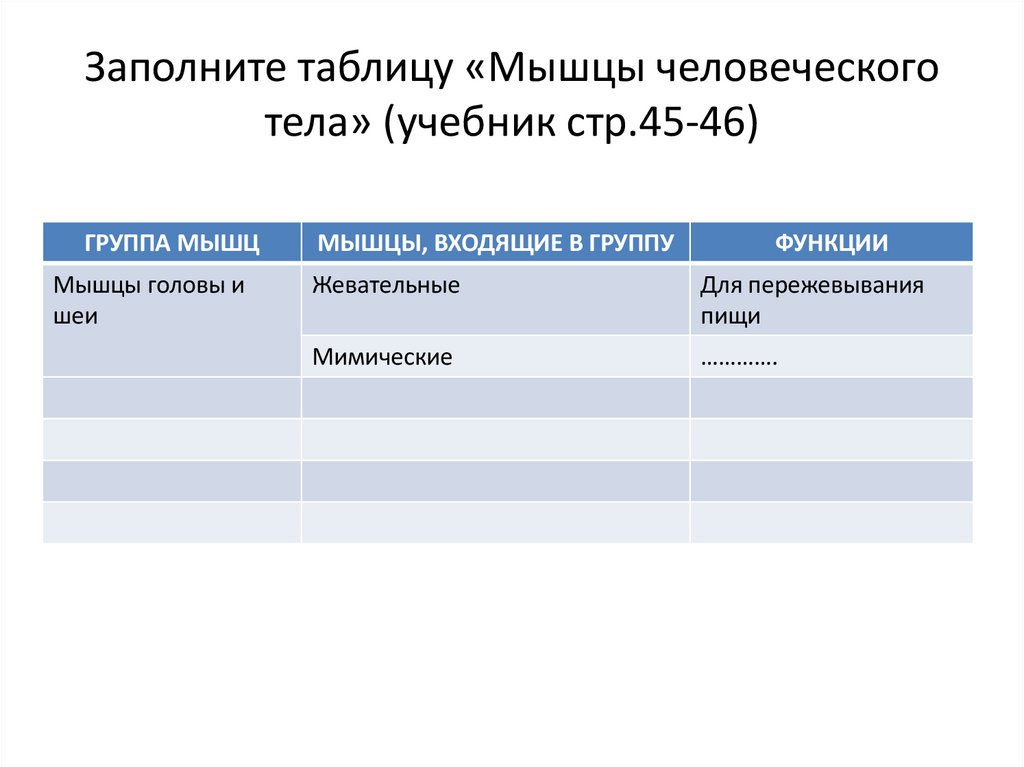 Заполните таблицу «Мышцы человеческого тела» (учебник стр.45-46)