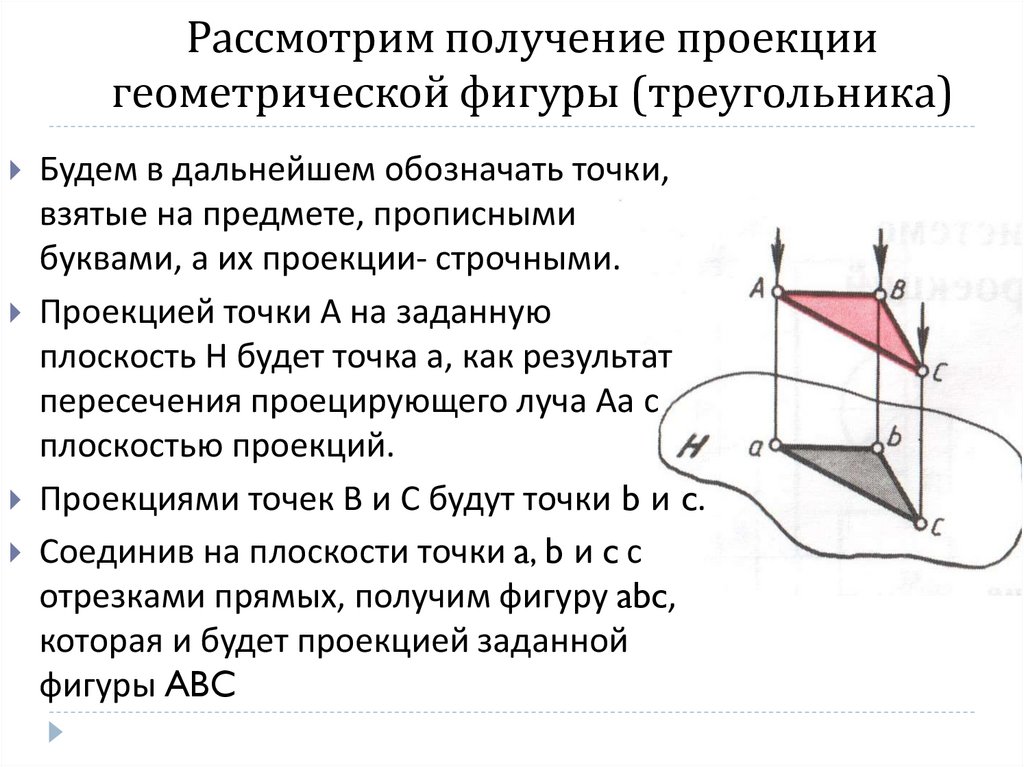 Рассмотрим получение проекции геометрической фигуры (треугольника)