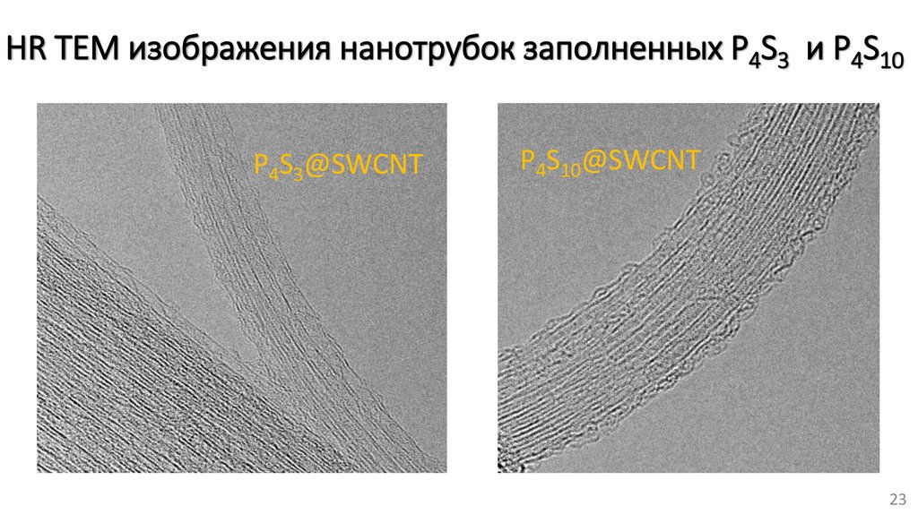 HR TEM изображения нанотрубок заполненных P4S3 и P4S10