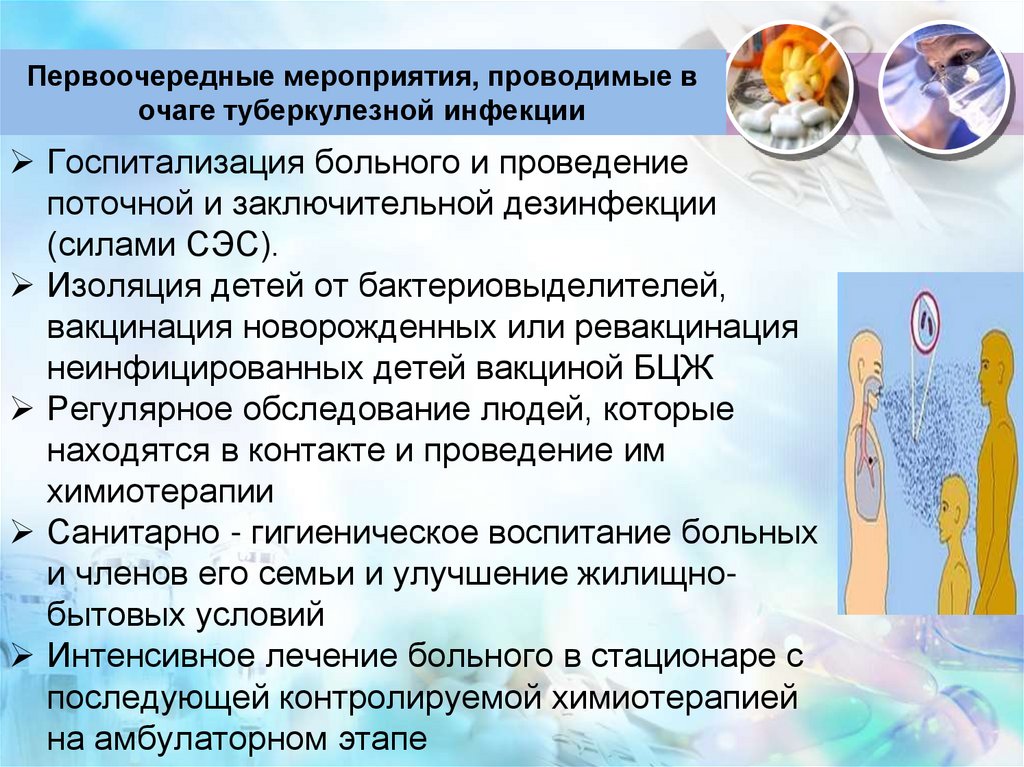 Первоочередные мероприятия, проводимые в очаге туберкулезной инфекции