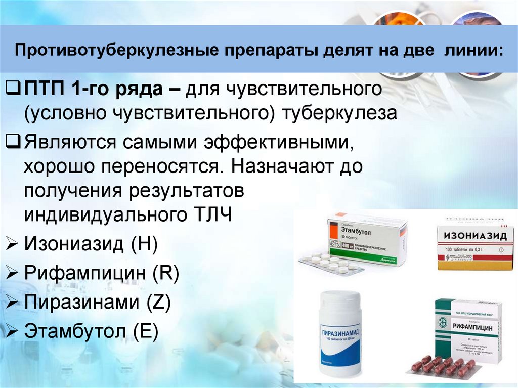 Противотуберкулезные препараты делят на две линии: