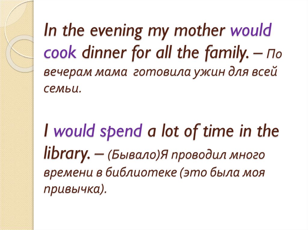In the evening my mother would cook dinner for all the family. – По вечерам мама готовила ужин для всей семьи. I would spend a