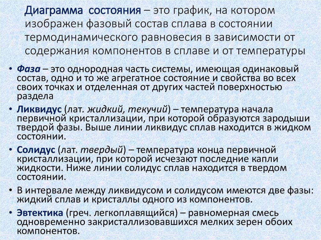 Диаграмма состояния – это график, на котором изображен фазовый состав сплава в состоянии термодинамического равновесия в