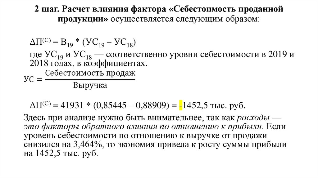 2 шаг. Расчет влияния фактора «Себестоимость проданной продукции» осуществляется следующим образом: