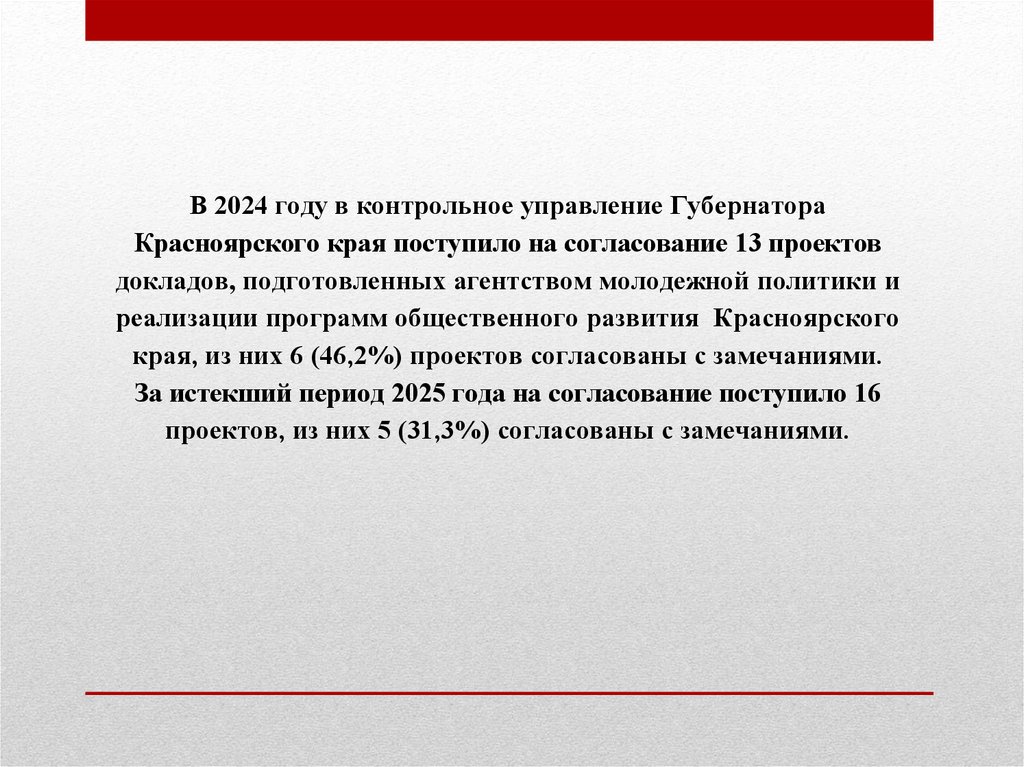В 2024 году в контрольное управление Губернатора Красноярского края поступило на согласование 13 проектов докладов,