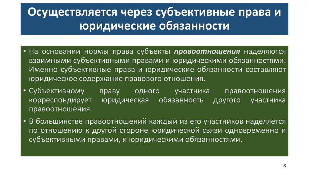 Осуществляется через субъективные права и юридические обязанности