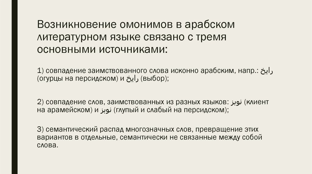 Возникновение омонимов в арабском литературном языке связано с тремя основными источниками: