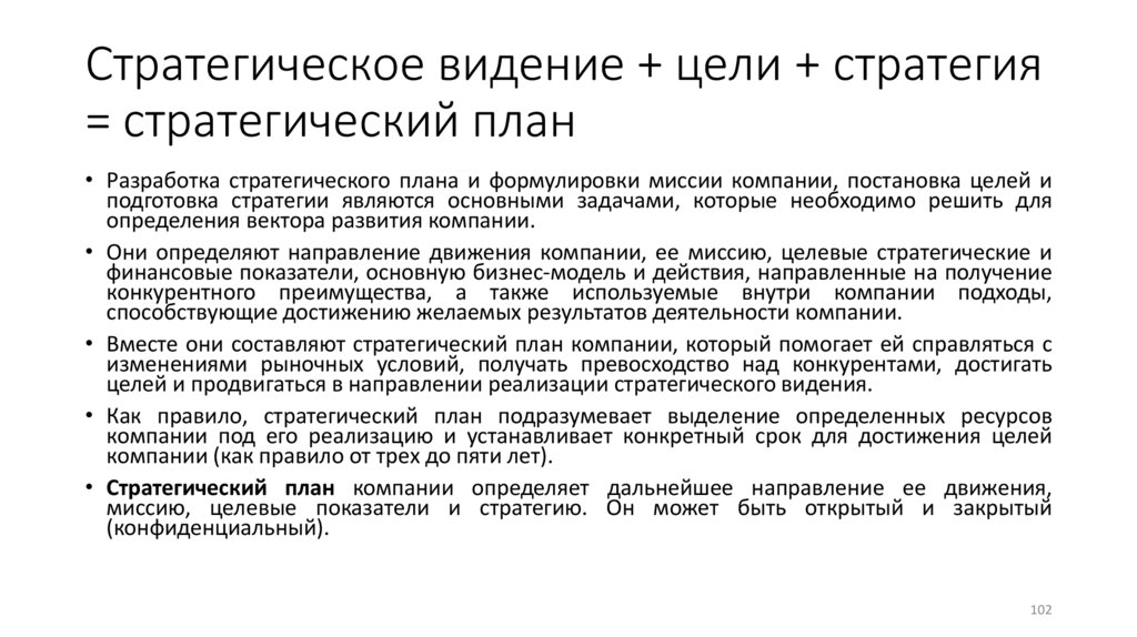 Стратегическое видение + цели + стратегия = стратегический план