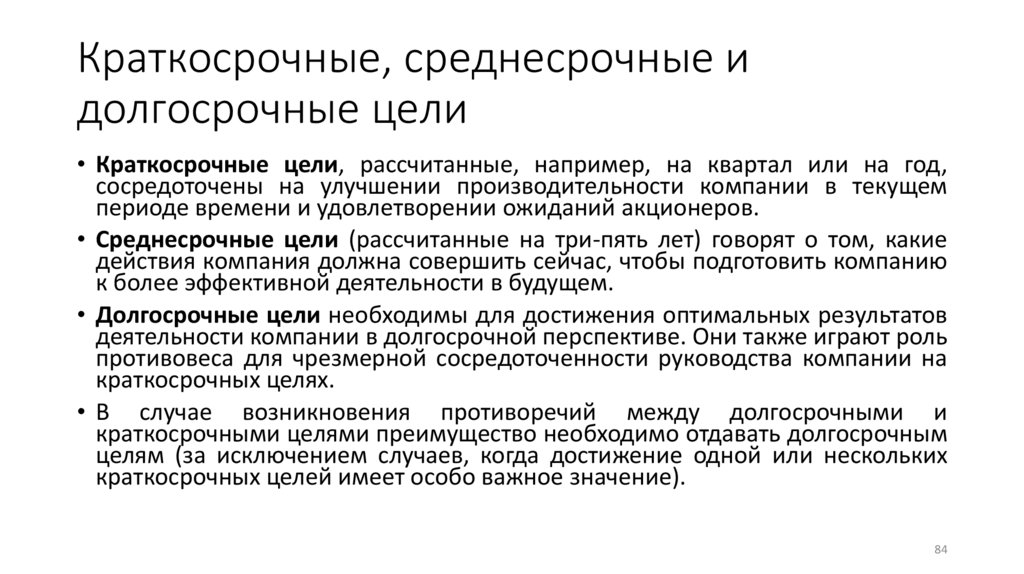 Краткосрочные, среднесрочные и долгосрочные цели