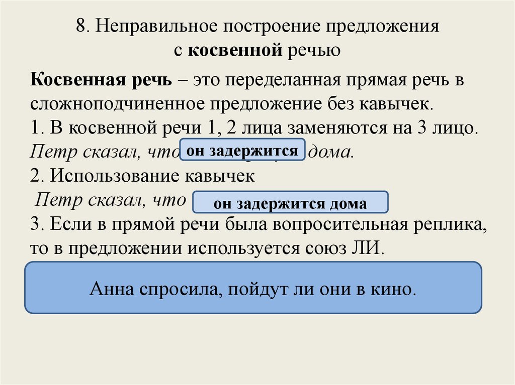 8. Неправильное построение предложения с косвенной речью