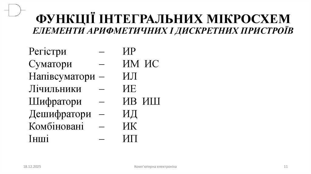 ФУНКЦІЇ ІНТЕГРАЛЬНИХ МІКРОСХЕМ ЕЛЕМЕНТИ АРИФМЕТИЧНИХ І ДИСКРЕТНИХ ПРИСТРОЇВ