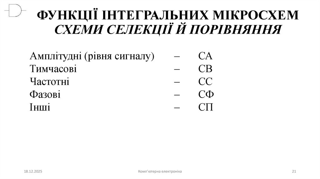 ФУНКЦІЇ ІНТЕГРАЛЬНИХ МІКРОСХЕМ СХЕМИ СЕЛЕКЦІЇ Й ПОРІВНЯННЯ