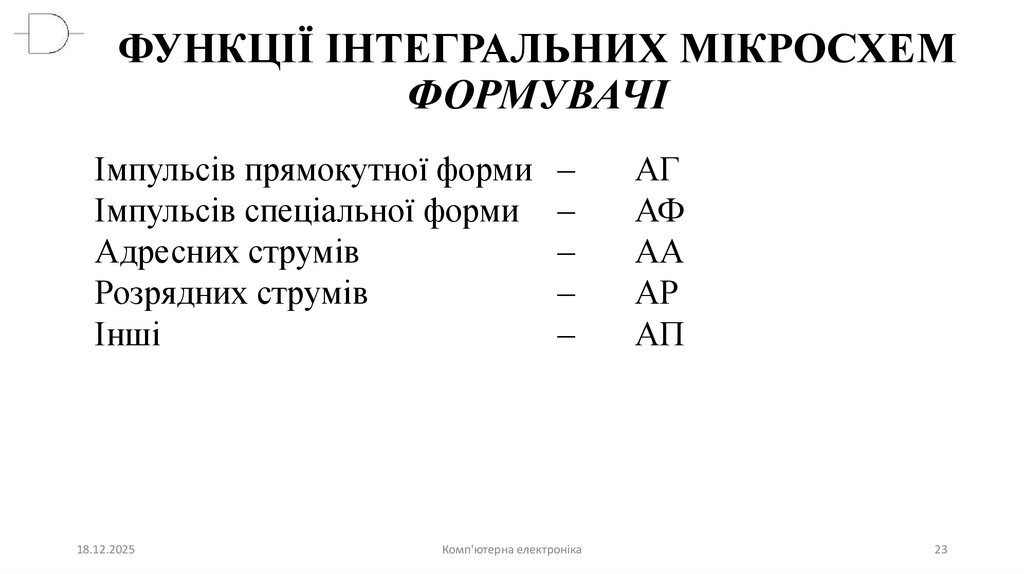 ФУНКЦІЇ ІНТЕГРАЛЬНИХ МІКРОСХЕМ ФОРМУВАЧІ