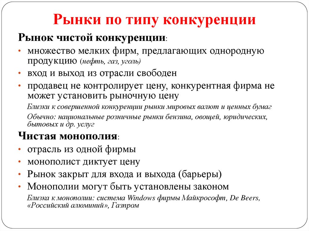 Рынки по типу конкуренции