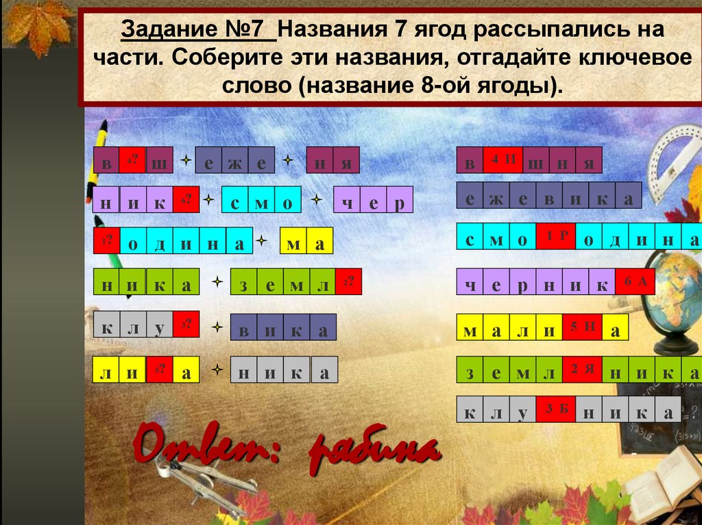 Задание №7 Названия 7 ягод рассыпались на части. Соберите эти названия, отгадайте ключевое слово (название 8-ой ягоды).