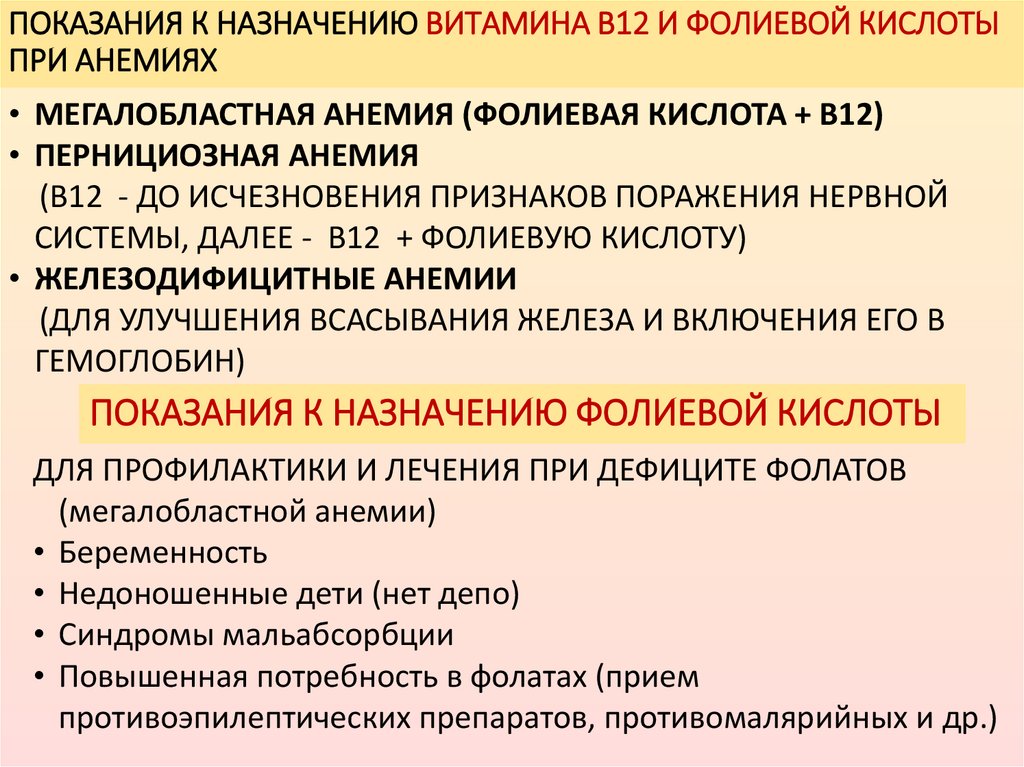 ПОКАЗАНИЯ К НАЗНАЧЕНИЮ ВИТАМИНА В12 И ФОЛИЕВОЙ КИСЛОТЫ ПРИ АНЕМИЯХ