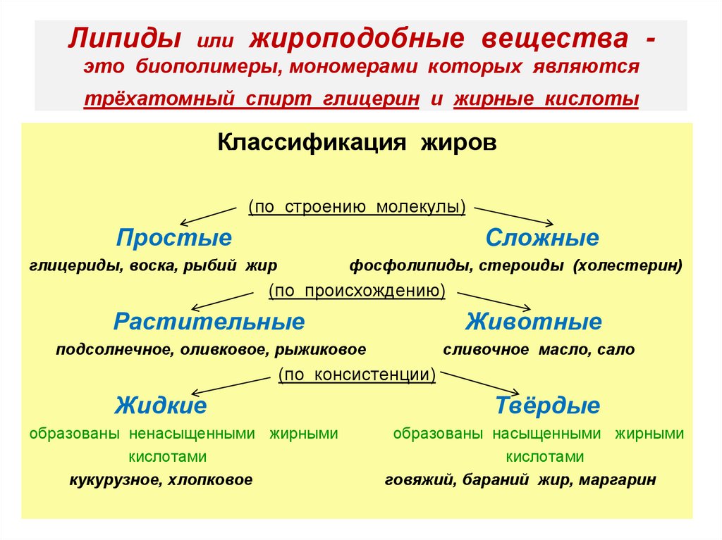 Липиды или жироподобные вещества - это биополимеры, мономерами которых являются трёхатомный спирт глицерин и жирные кислоты