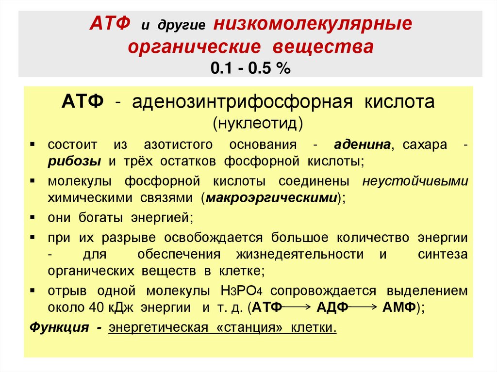 АТФ и другие низкомолекулярные органические вещества 0.1 - 0.5 %