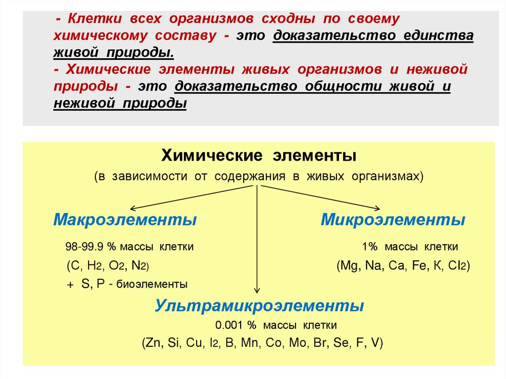 - Клетки всех организмов сходны по своему химическому составу - это доказательство единства живой природы. - Химические