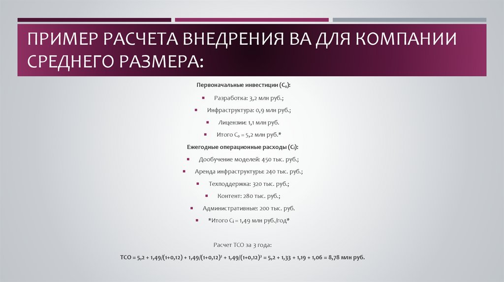 Пример расчета ВНЕДРЕНИЯ ВА для компании среднего размера: