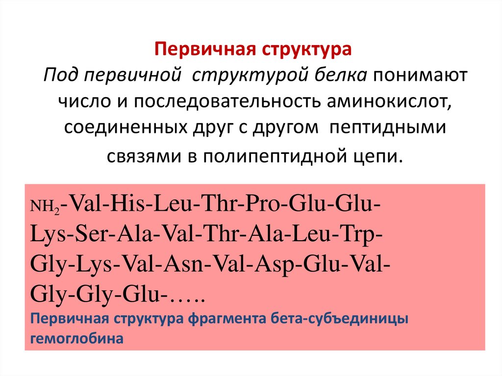 Первичная структура Под первичной структурой белка понимают число и последовательность аминокислот, соединенных друг с другом