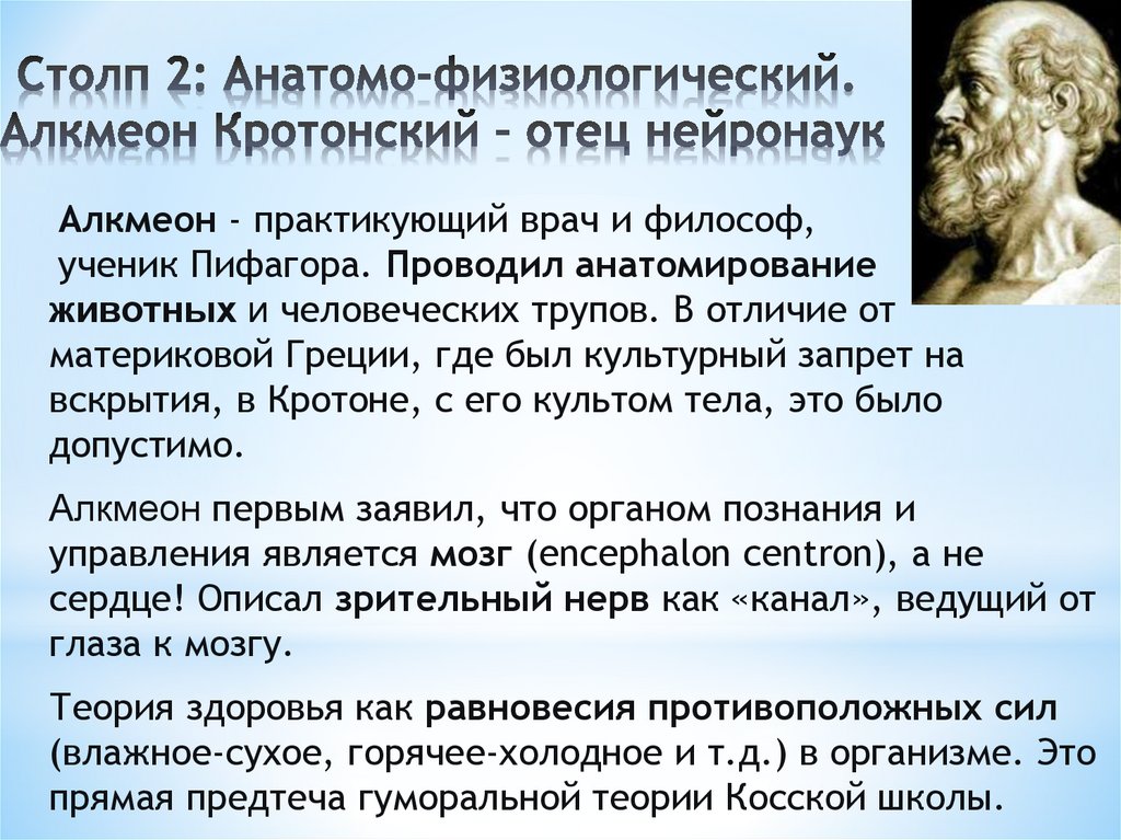 Столп 2: Анатомо-физиологический. Алкмеон Кротонский – отец нейронаук