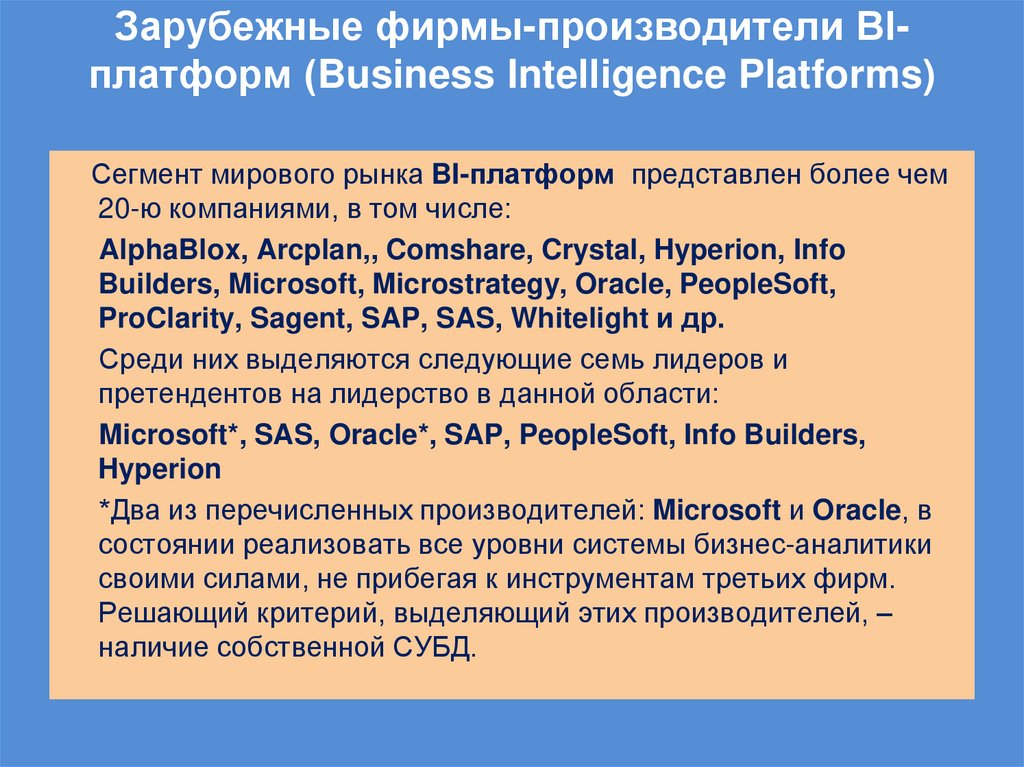 Зарубежные фирмы-производители BI-платформ (Business Intelligence Platforms)