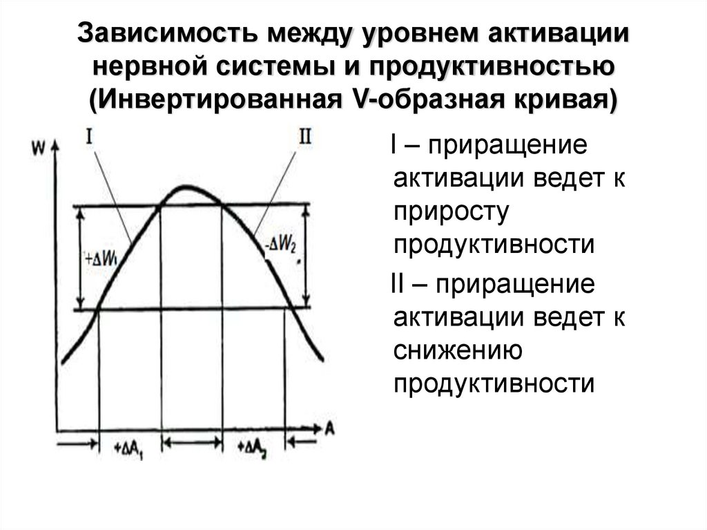 Зависимость между уровнем активации нервной системы и продуктивностью (Инвертированная V-образная кривая)