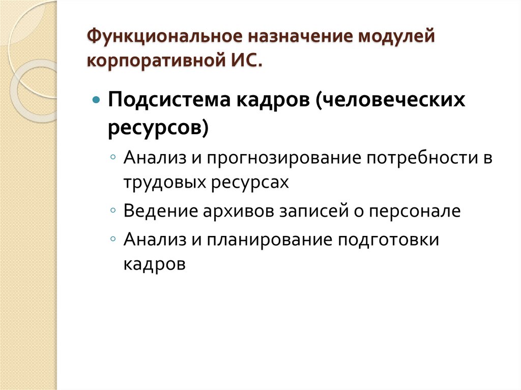 Функциональное назначение модулей корпоративной ИС.